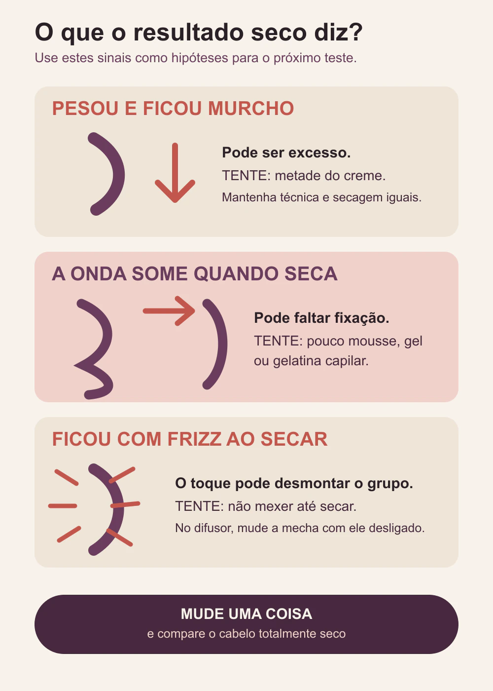 Infográfico relaciona cabelo pesado, falta de fixação e toque na secagem com uma mudança prática para cada caso