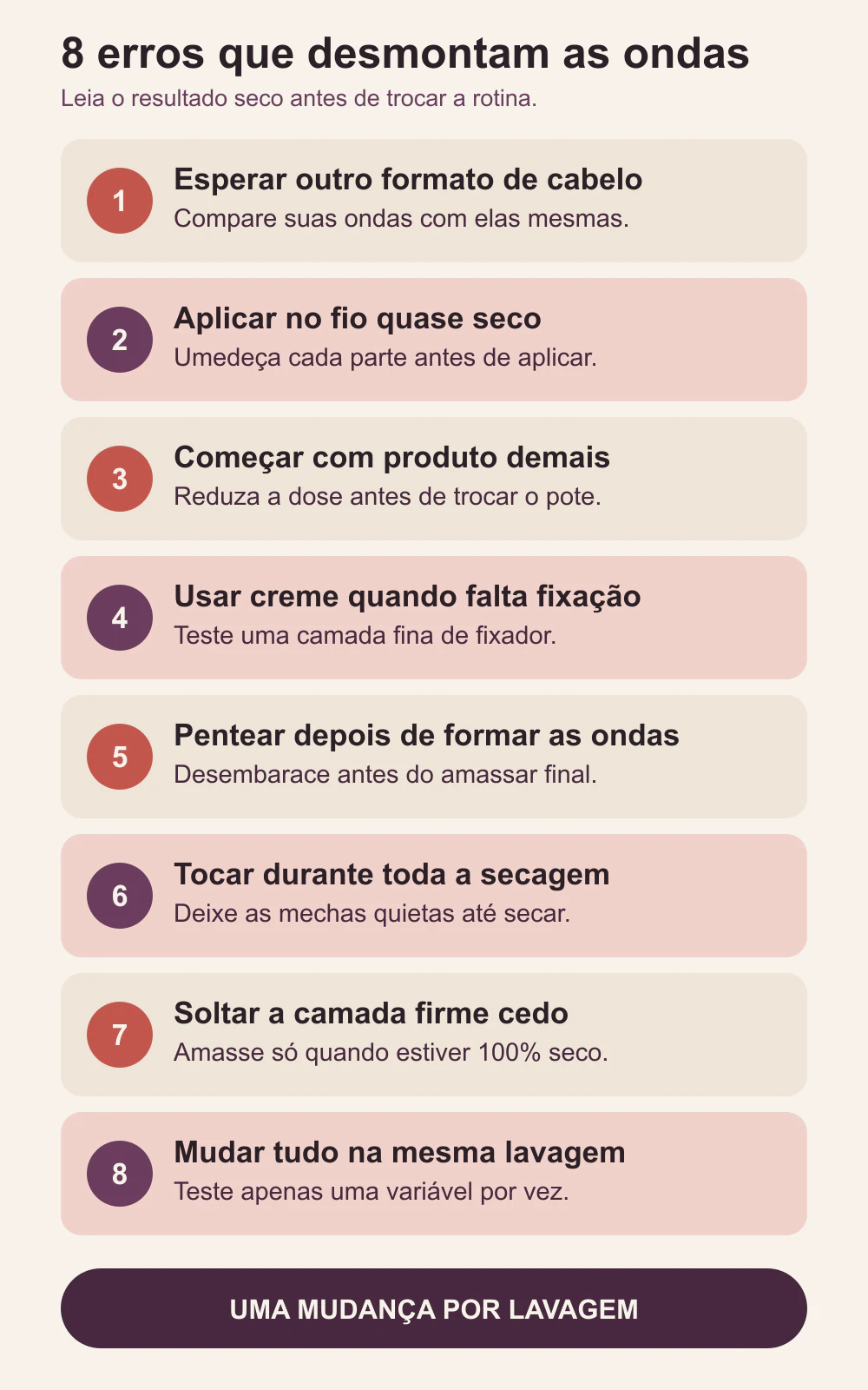 Infográfico lista oito erros que desmontam as ondas e orienta testar apenas uma mudança por lavagem