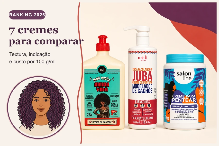 Avatar cacheada da Curva Viva ao lado das embalagens reais de Lola Meu Cacho Minha Vida, Widi Care Encaracolando a Juba e Salon Line Definição Natural