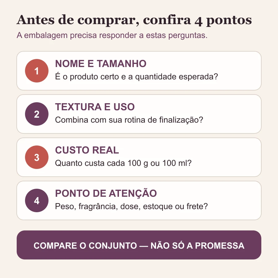 Checklist visual orienta conferir nome e tamanho, textura e uso, custo por 100 g ou ml e ponto de atenção antes da compra
