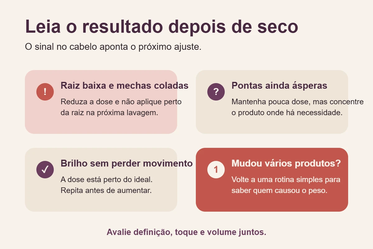 Infográfico relaciona raiz baixa, pontas ásperas, brilho com movimento e excesso de camadas aos ajustes da próxima lavagem