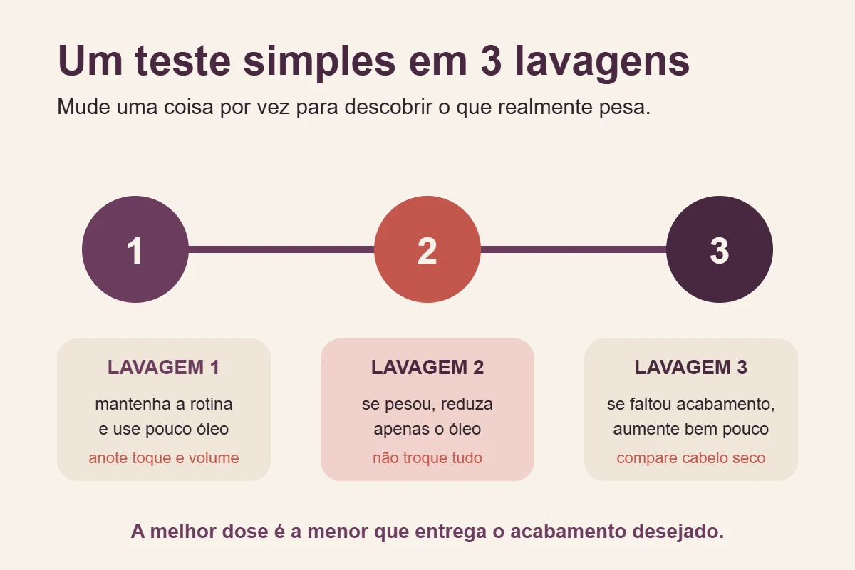 Linha do tempo orienta testar pouco óleo, reduzir se pesar e aumentar apenas nas pontas se ainda faltar acabamento