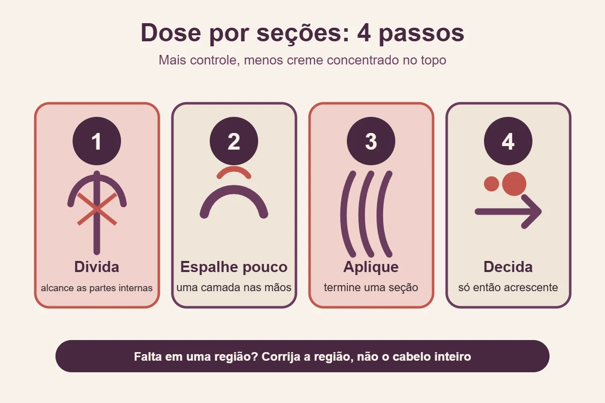 Passo a passo orienta dividir, espalhar pouco creme, aplicar por seção e acrescentar apenas onde faltar