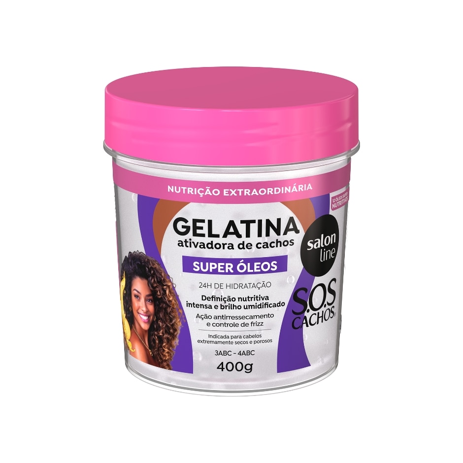 Pote rosa e roxo da Gelatina Ativadora de Cachos Nutrição SOS Cachos Super Óleos Salon Line 400 g